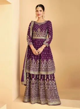 Designer Plum Purple Georgette Pakistani Style Sharara Suit