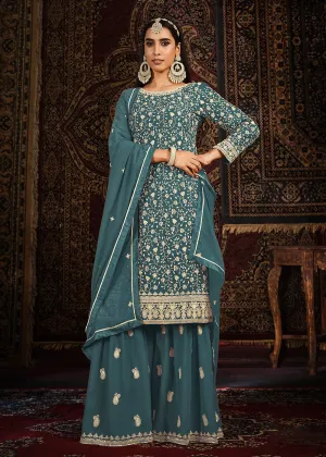 Festive Dusty Teal Color Faux Georgette Palazzo Salwar Suit