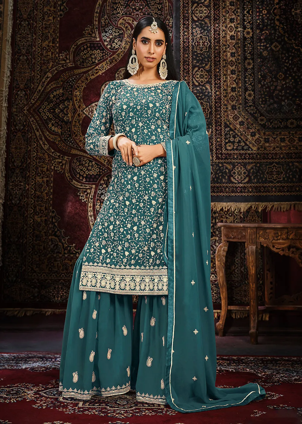 Festive Dusty Teal Color Faux Georgette Palazzo Salwar Suit