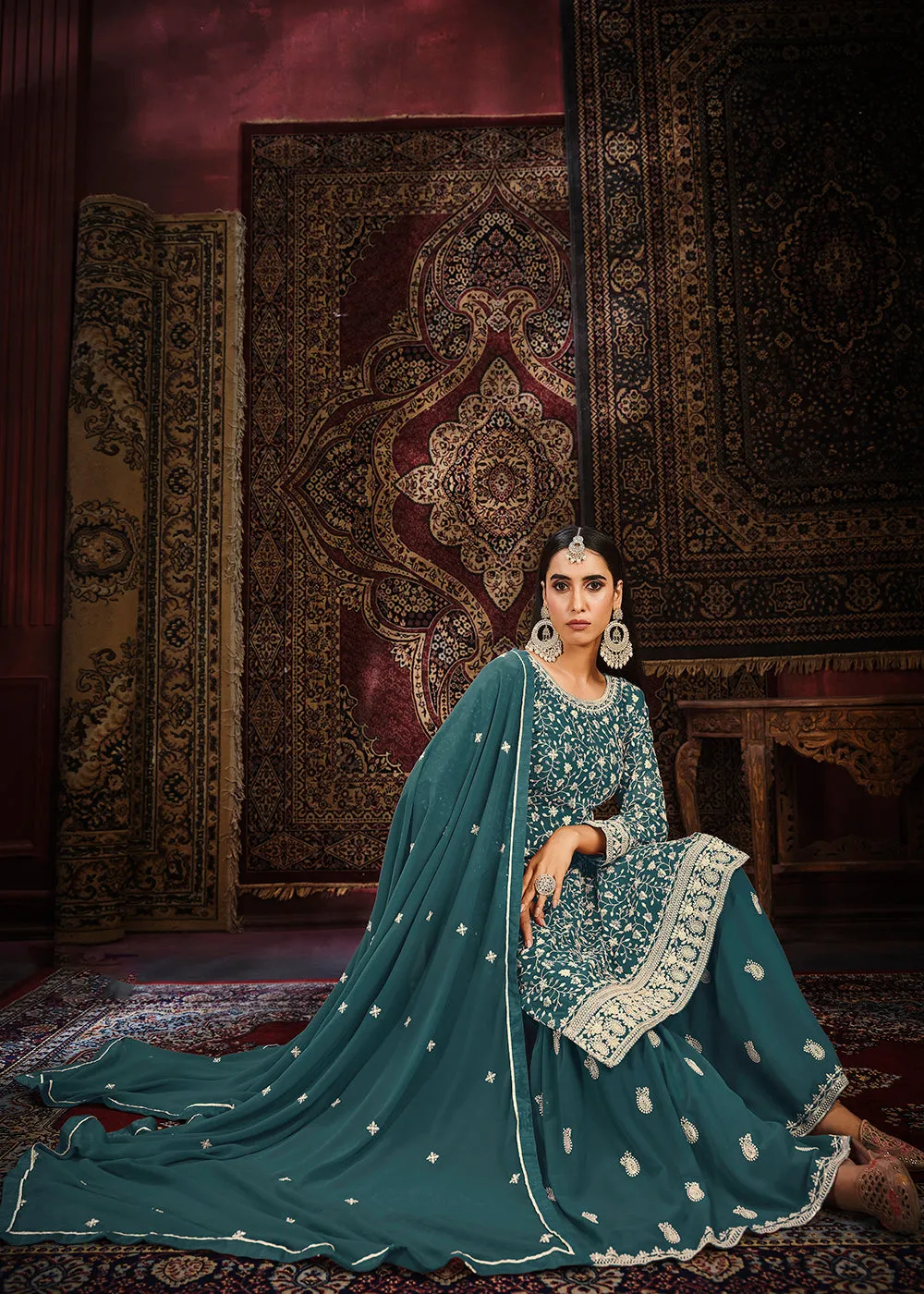 Festive Dusty Teal Color Faux Georgette Palazzo Salwar Suit