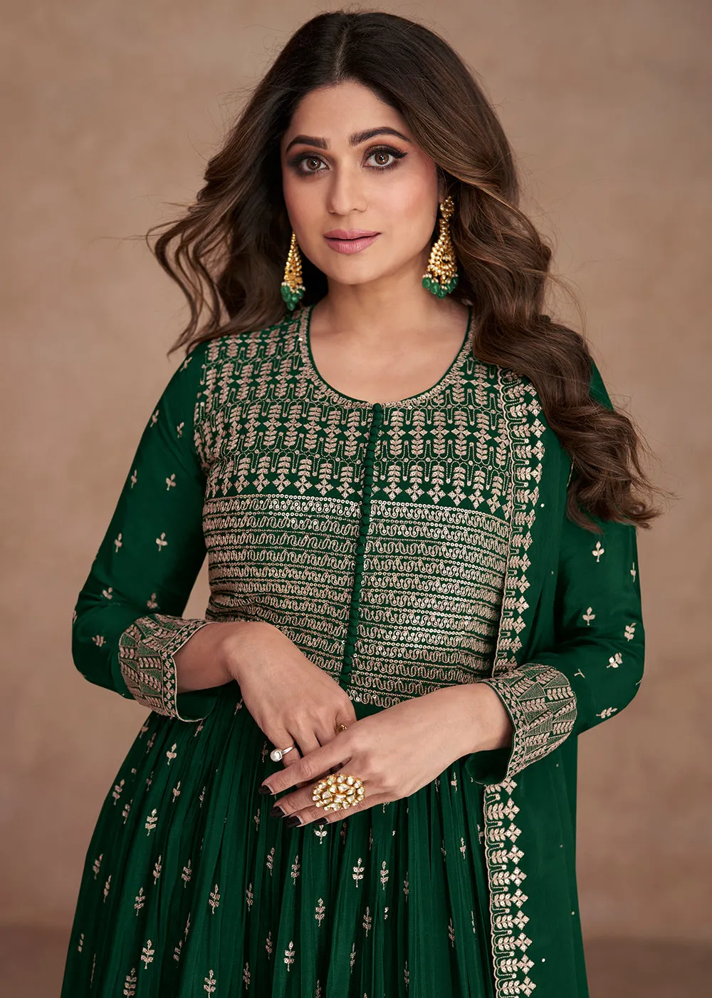 Festive Look Gorgeous Green Zari Embroidered Palazzo Suit