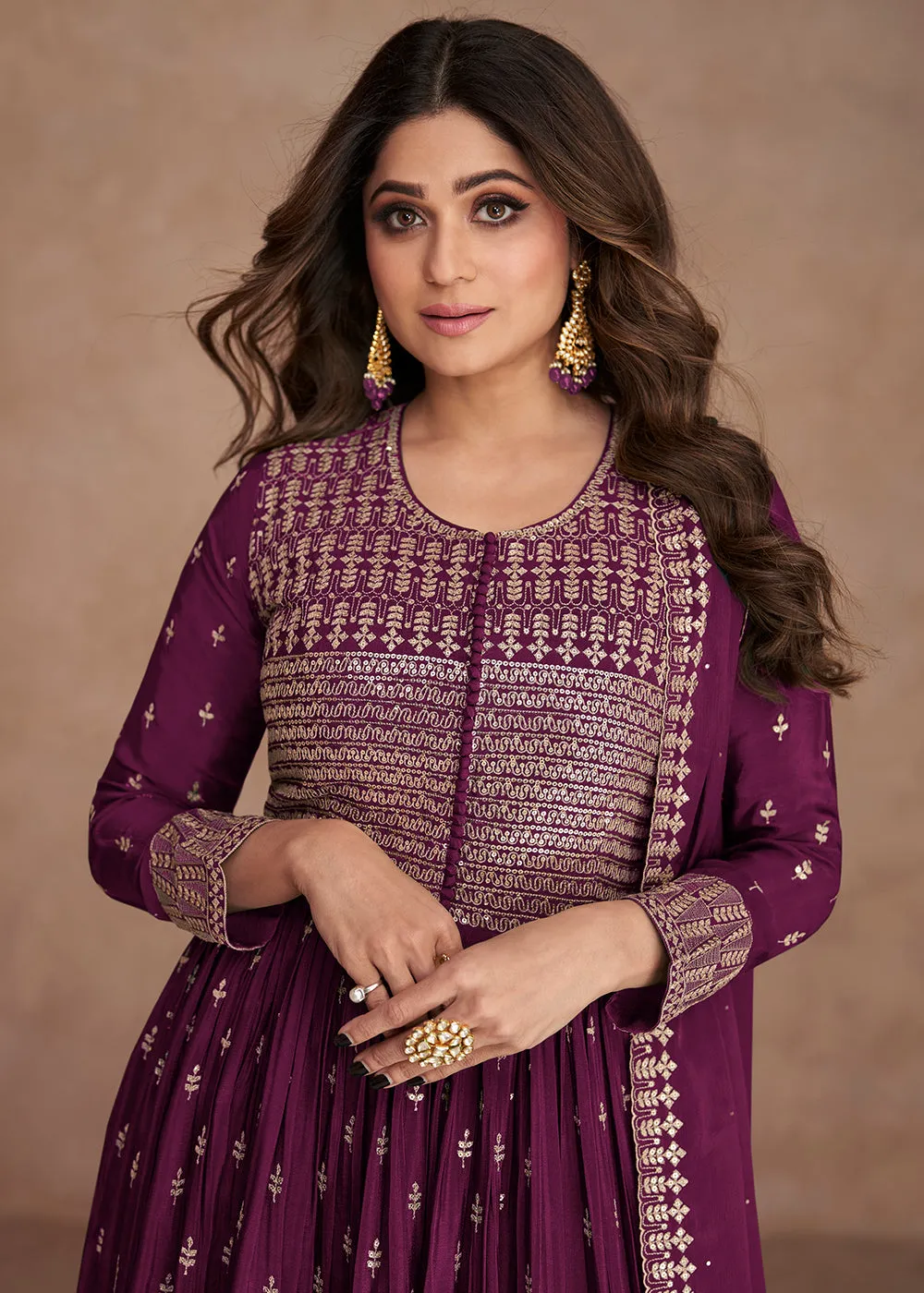 Festive Look Wonderful Plum Wine Zari Embroidered Palazzo Suit