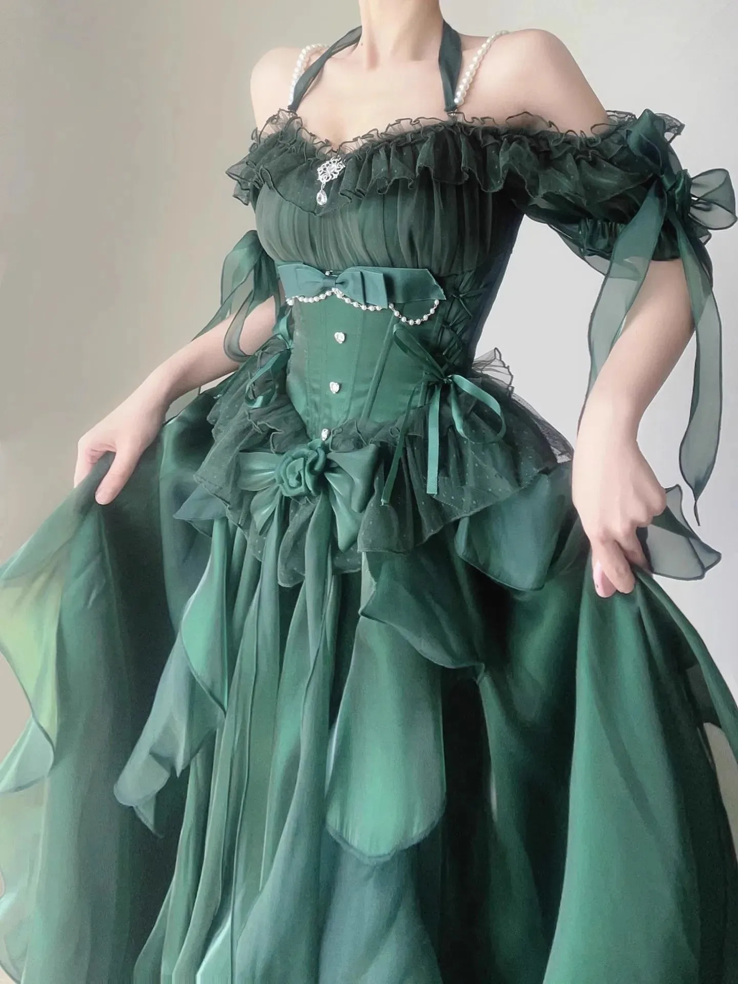 Girlary Green Flower Wedding Dress Lolita Dress op Dress Lolita Heavy Industry Trail Puffy Princess Dress