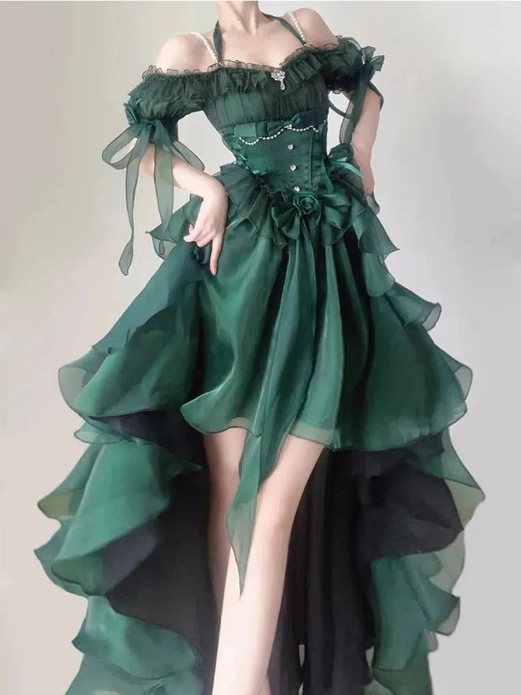 Girlary Green Flower Wedding Dress Lolita Dress op Dress Lolita Heavy Industry Trail Puffy Princess Dress