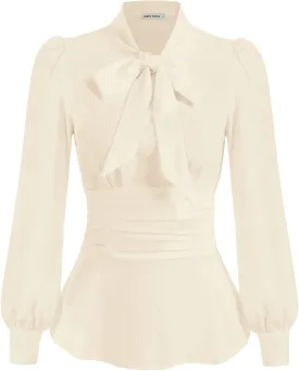 GRACE KARIN Women's 2025 Long Sleeve Peplum Dressy Shirt Office Bow Tie Work Blouses Tops Smocked Waist