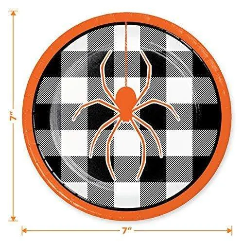 Halloween Party Black Plaid Spider Paper Dessert Plates &"Here for The Boos" Beverage Napkins (Serves 16)