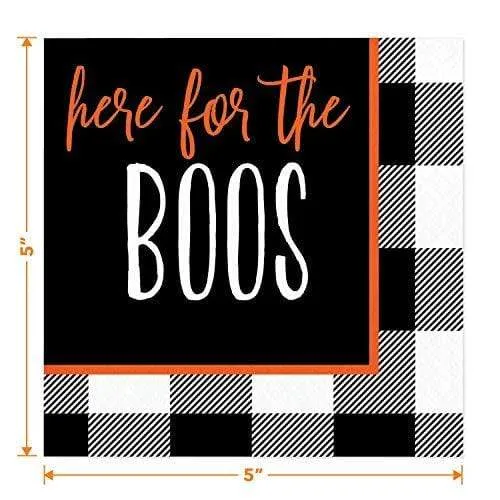 Halloween Party Black Plaid Spider Paper Dessert Plates &"Here for The Boos" Beverage Napkins (Serves 16)
