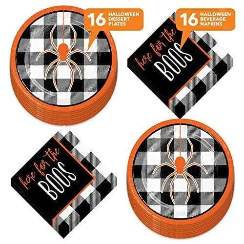 Halloween Party Black Plaid Spider Paper Dessert Plates &"Here for The Boos" Beverage Napkins (Serves 16)