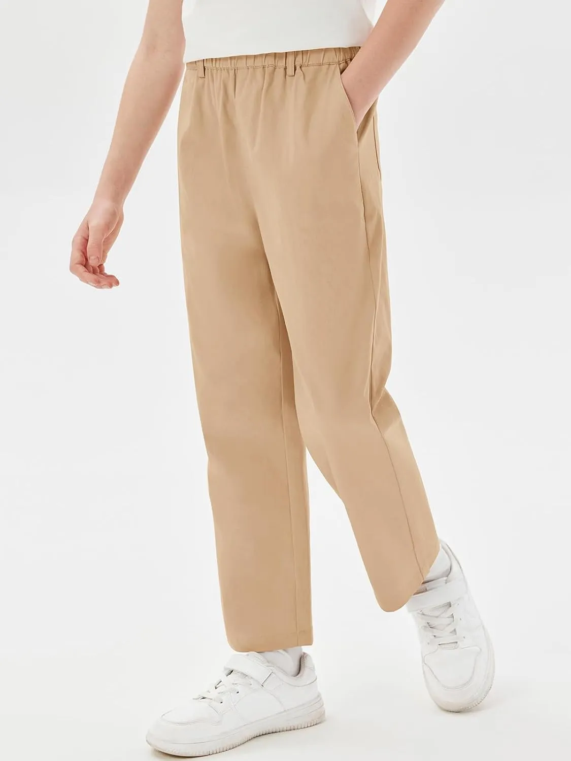 Haloumoning Boys Elastic Waist Pants Kids Uniform School Cotton Twill Trousers with Pockets 5-14 Years