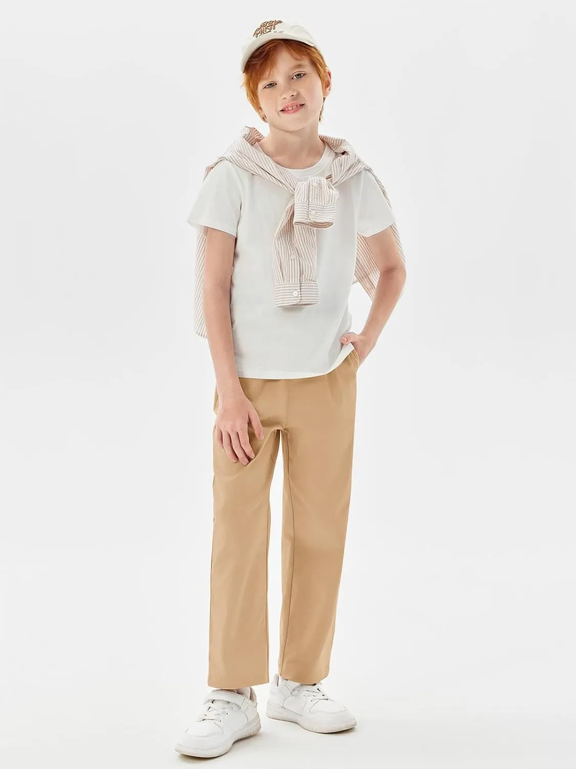 Haloumoning Boys Elastic Waist Pants Kids Uniform School Cotton Twill Trousers with Pockets 5-14 Years