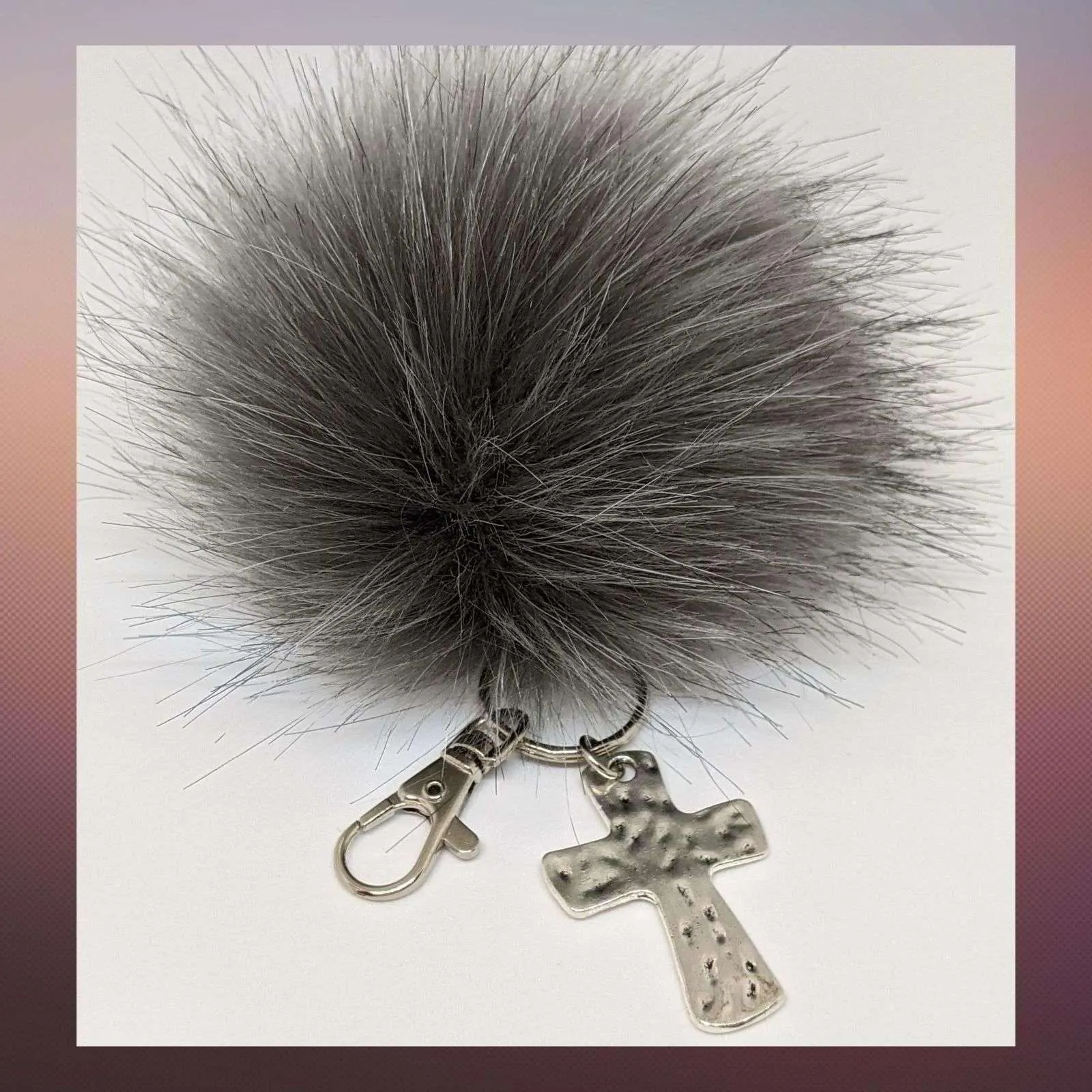 Hammered Cross Keychain/ Faux Fur Pom Pom and charm Key Chain-Purse Charm/Journal Charm