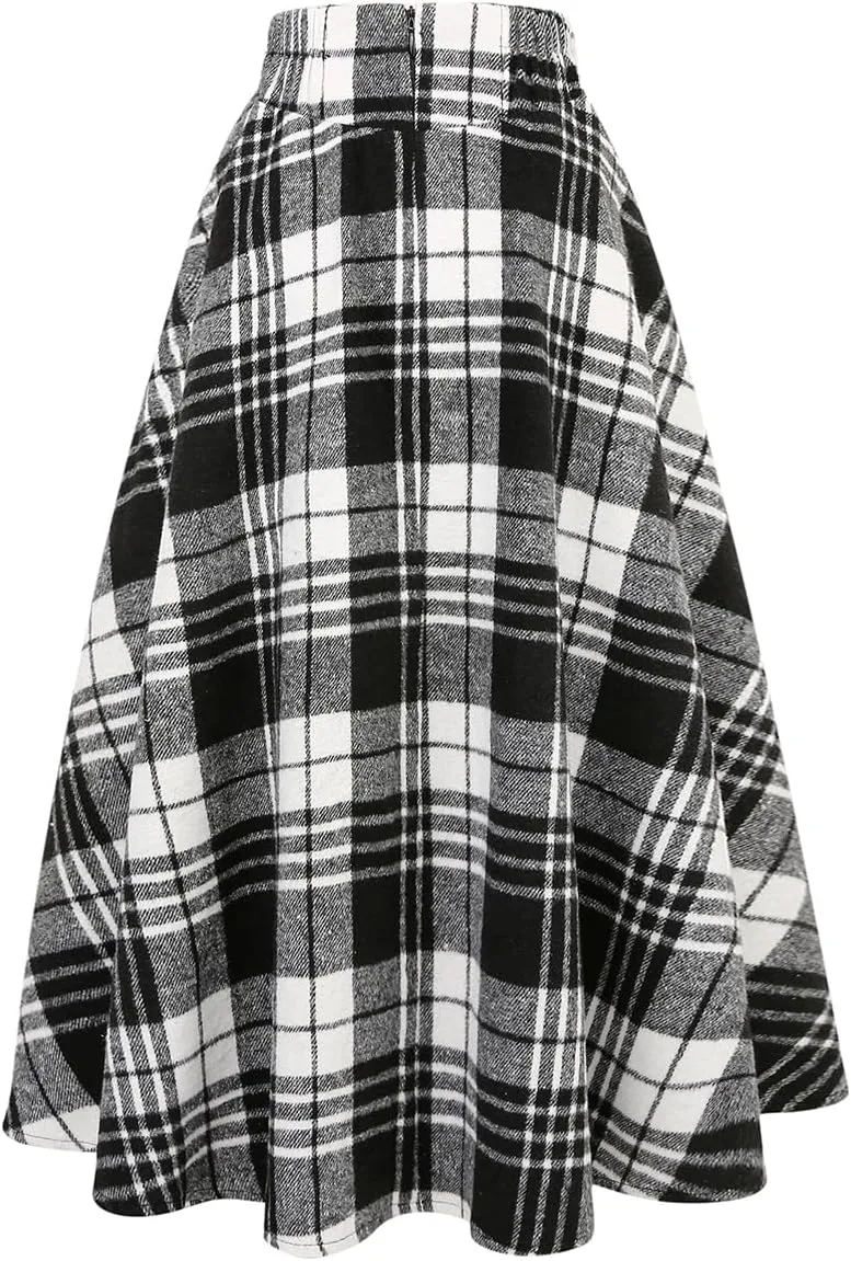 IDEALSANXUN Womens Fall Winter High Waisted Wool Plaid A-line Long Skirt