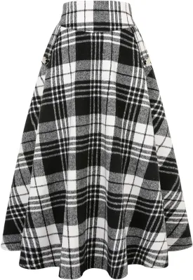IDEALSANXUN Womens Fall Winter High Waisted Wool Plaid A-line Long Skirt