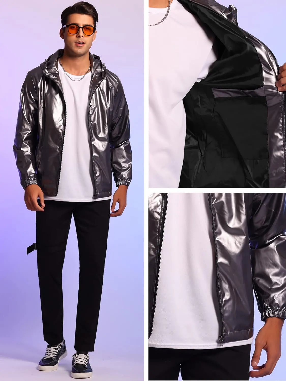 Lars Amadeus Holographic Jacket for Men's Lightweight Long Sleeves Metallic Shiny Hoodie Coat