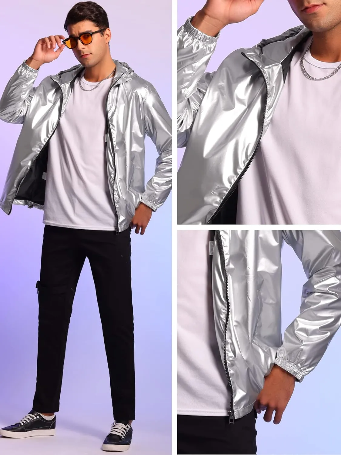 Lars Amadeus Holographic Jacket for Men's Lightweight Long Sleeves Metallic Shiny Hoodie Coat