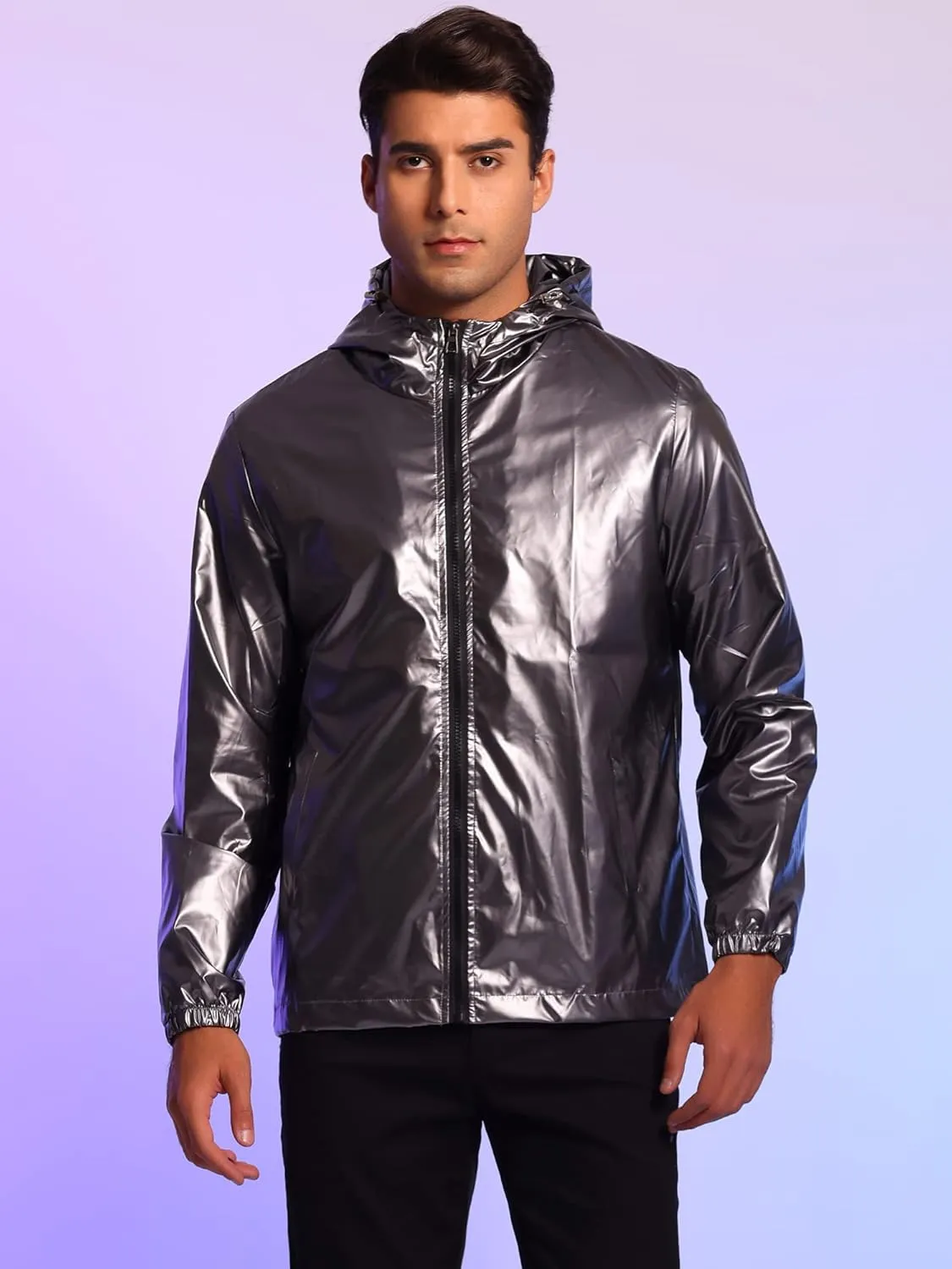 Lars Amadeus Holographic Jacket for Men's Lightweight Long Sleeves Metallic Shiny Hoodie Coat