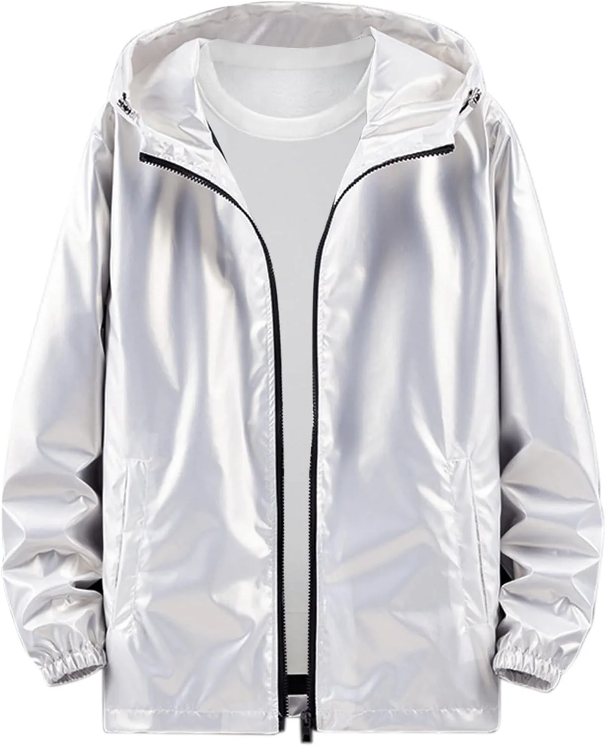 Lars Amadeus Holographic Jacket for Men's Lightweight Long Sleeves Metallic Shiny Hoodie Coat