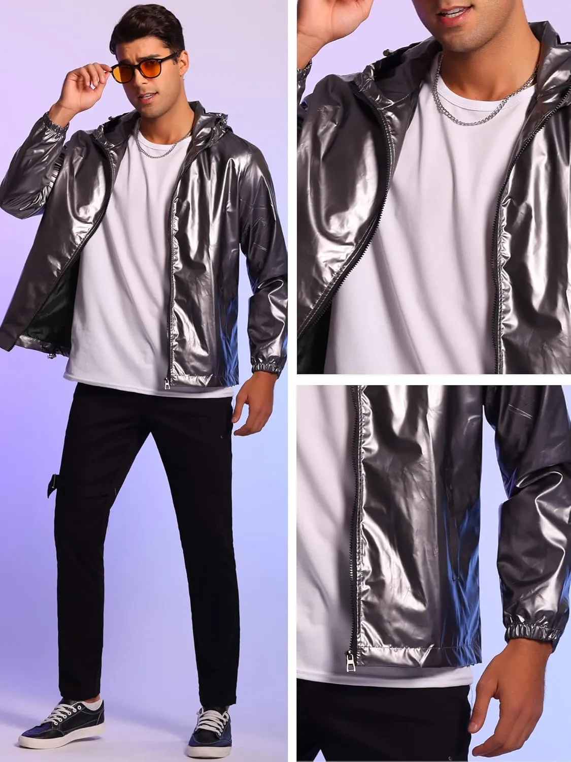 Lars Amadeus Holographic Jacket for Men's Lightweight Long Sleeves Metallic Shiny Hoodie Coat
