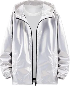 Lars Amadeus Holographic Jacket for Men's Lightweight Long Sleeves Metallic Shiny Hoodie Coat