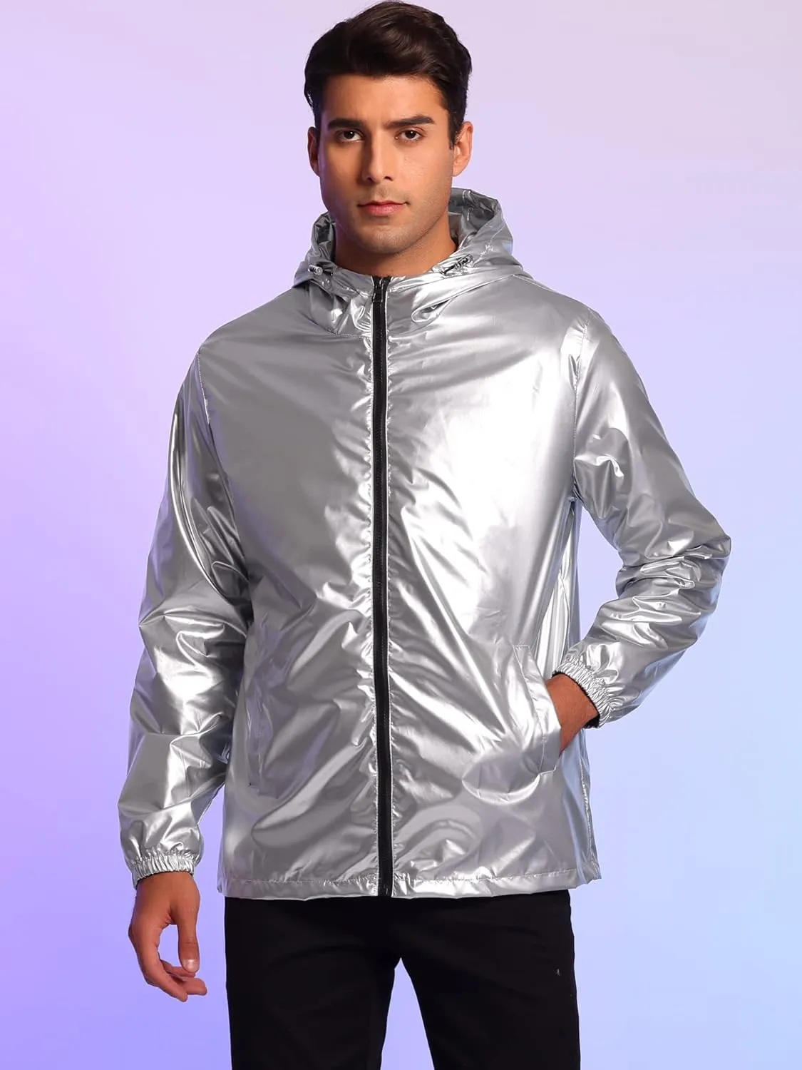 Lars Amadeus Holographic Jacket for Men's Lightweight Long Sleeves Metallic Shiny Hoodie Coat