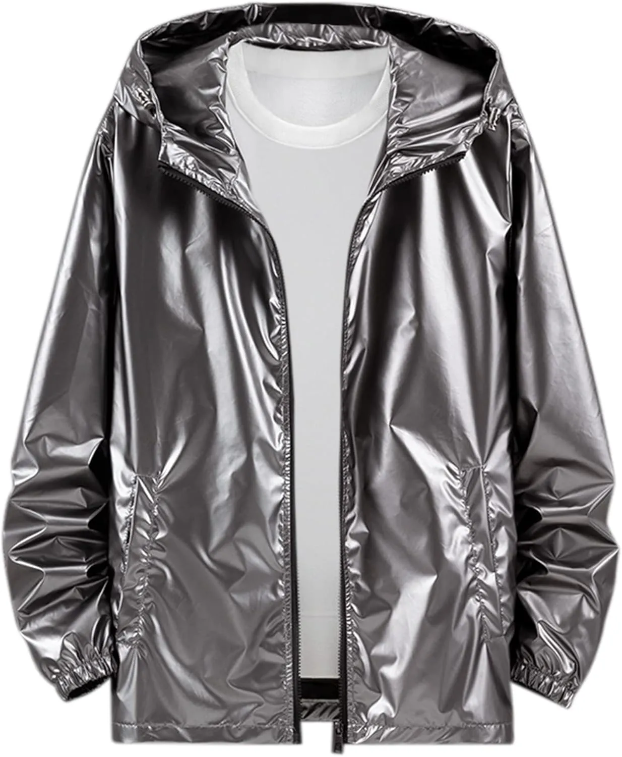 Lars Amadeus Holographic Jacket for Men's Lightweight Long Sleeves Metallic Shiny Hoodie Coat