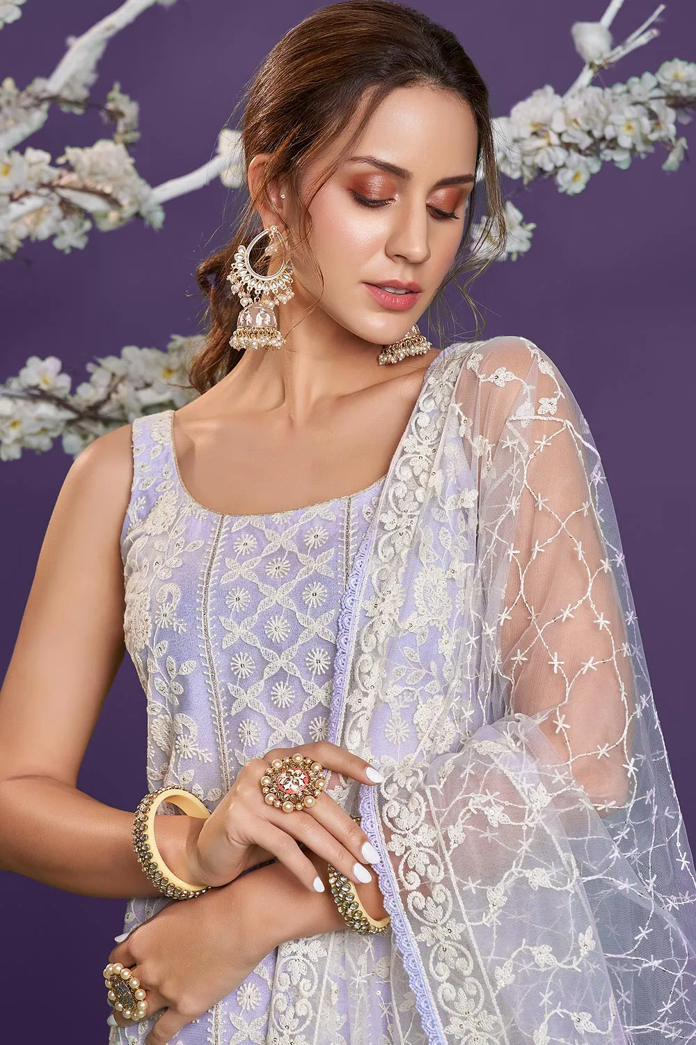 Lavender Lucknowi Chikankari Embroidered Pant Style Suit