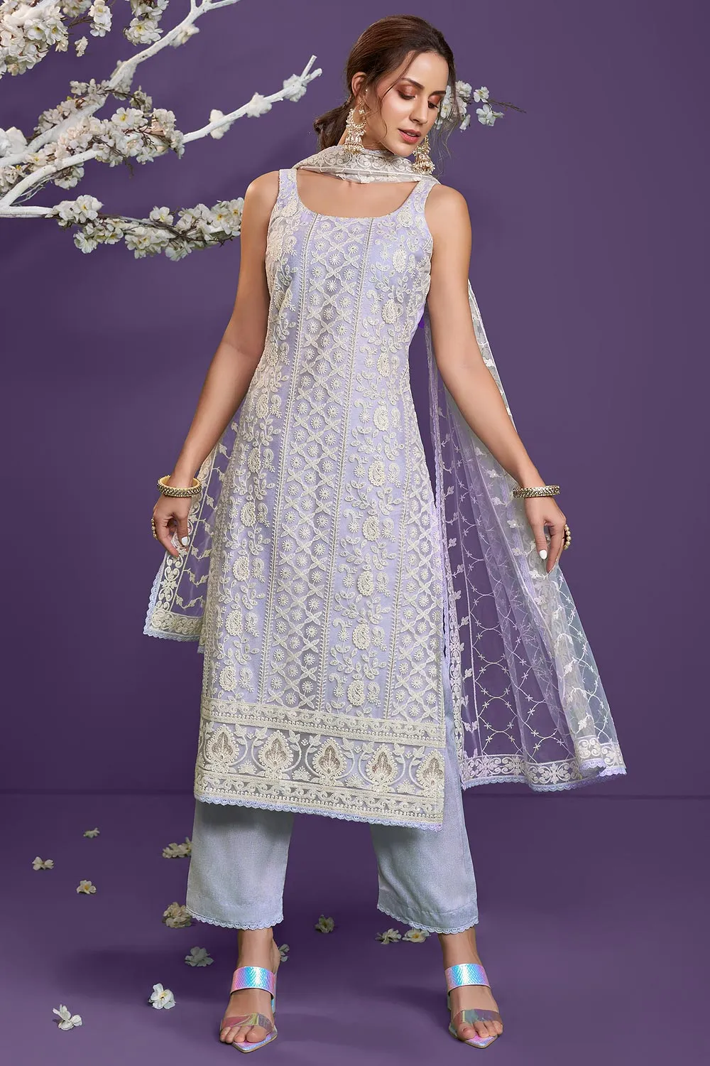 Lavender Lucknowi Chikankari Embroidered Pant Style Suit