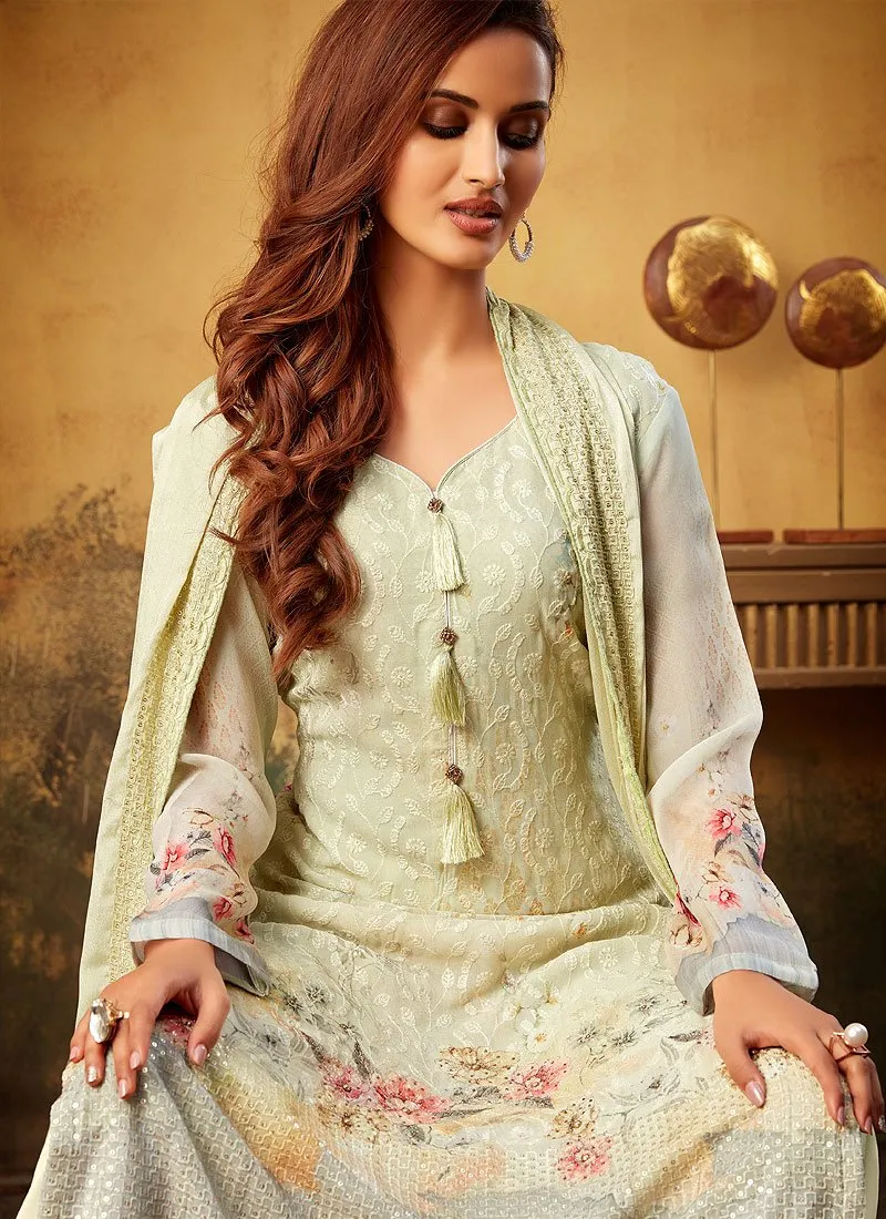 Light Green Embroidered Bamber Georgette Palazzo Suit
