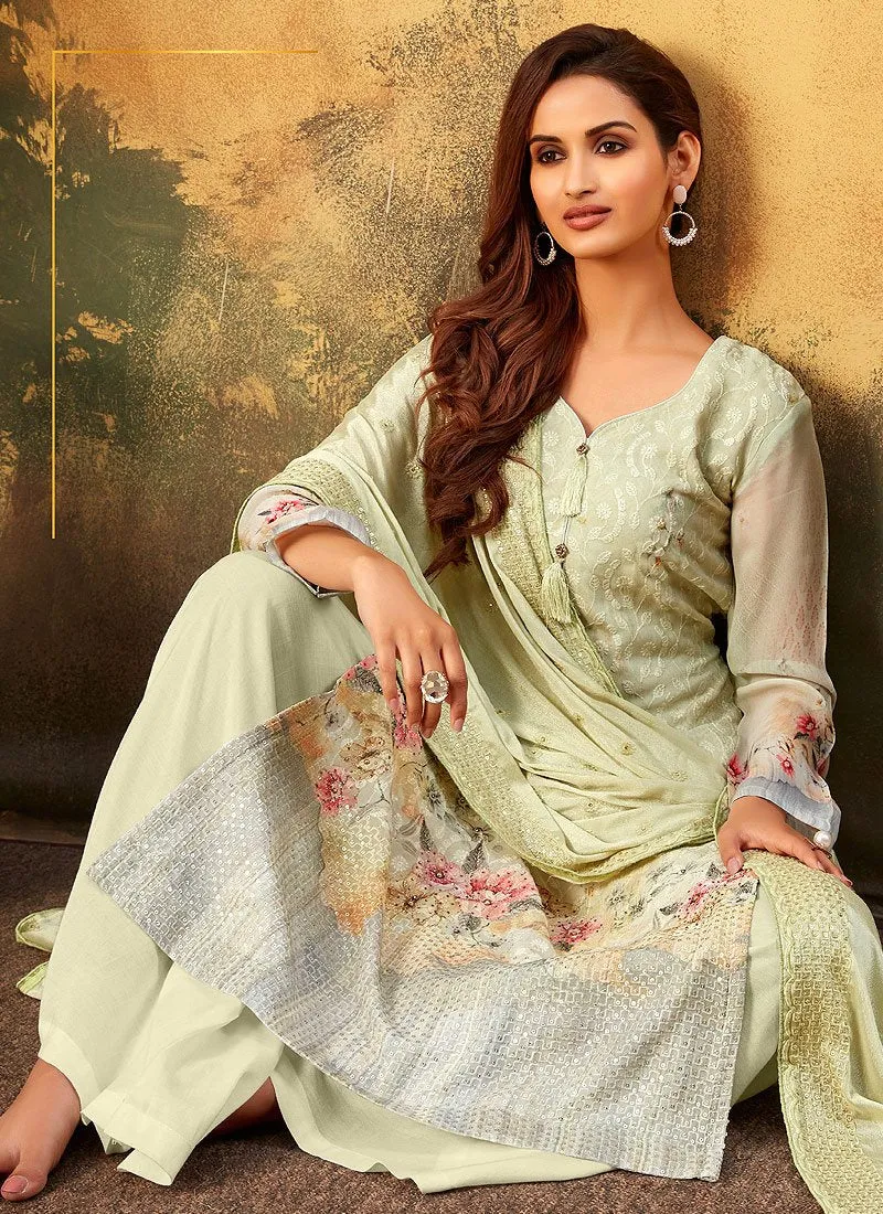 Light Green Embroidered Bamber Georgette Palazzo Suit