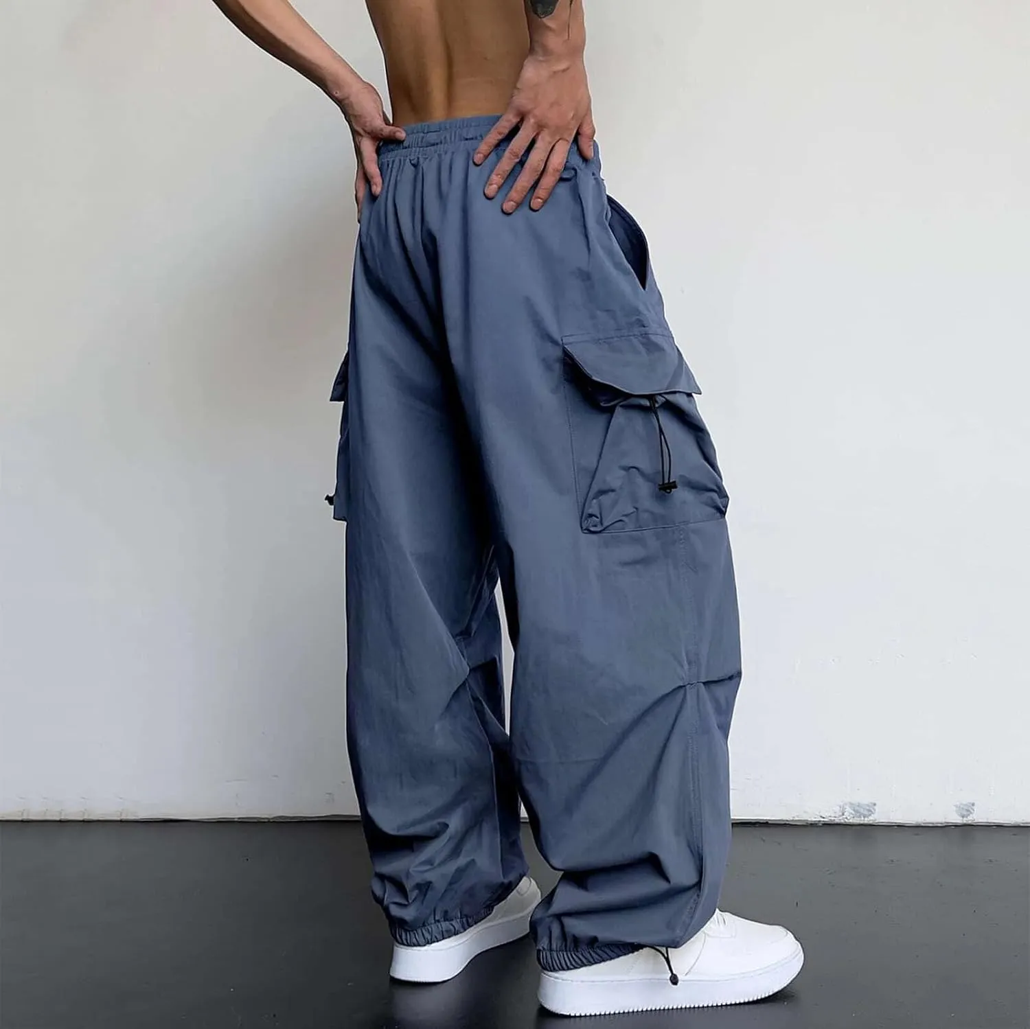 Mens Baggy Cargo Pants Casual Parachute Pants Drawstring Workout Athletic Sweatpants Plus Size Loose Harem Joggers
