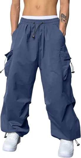Mens Baggy Cargo Pants Casual Parachute Pants Drawstring Workout Athletic Sweatpants Plus Size Loose Harem Joggers