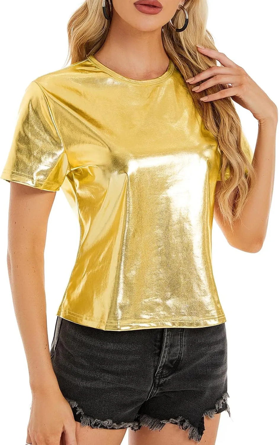 Metallic Disco Shirt Women Short Sleeve Shiny Multicolor Top Music Festival Outfit