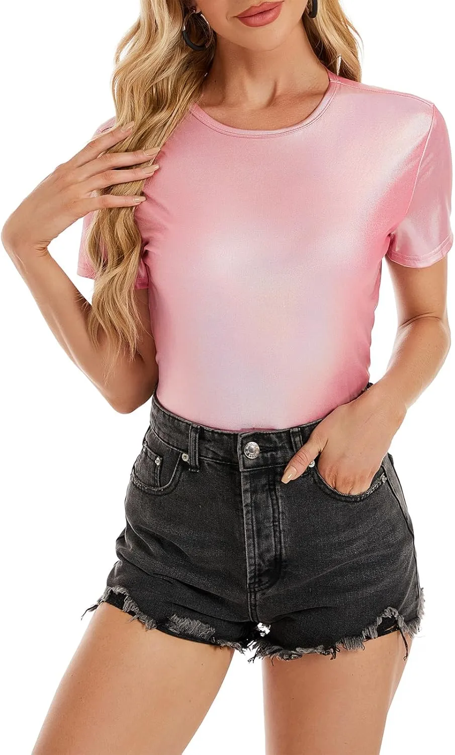 Metallic Disco Shirt Women Short Sleeve Shiny Multicolor Top Music Festival Outfit