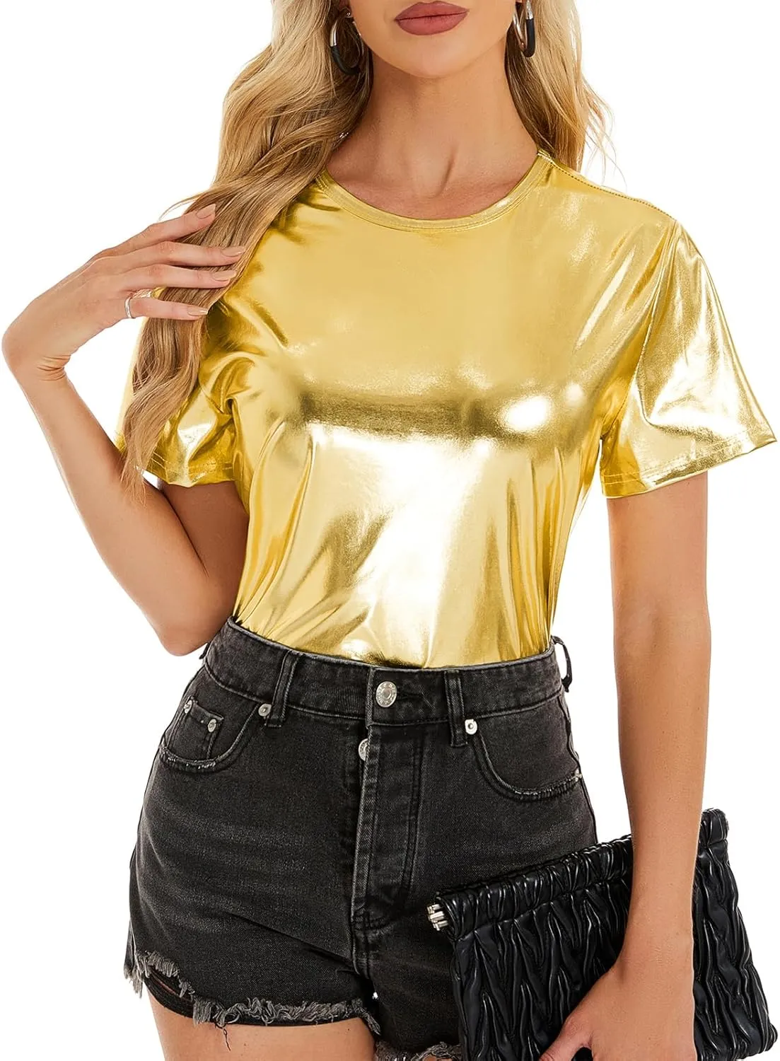Metallic Disco Shirt Women Short Sleeve Shiny Multicolor Top Music Festival Outfit