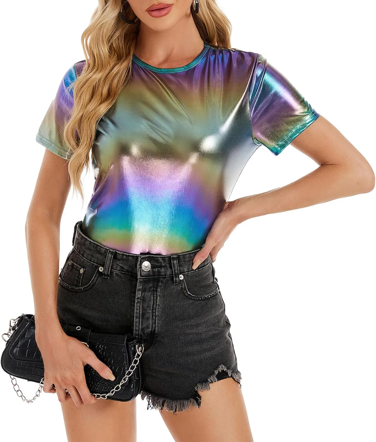 Metallic Disco Shirt Women Short Sleeve Shiny Multicolor Top Music Festival Outfit