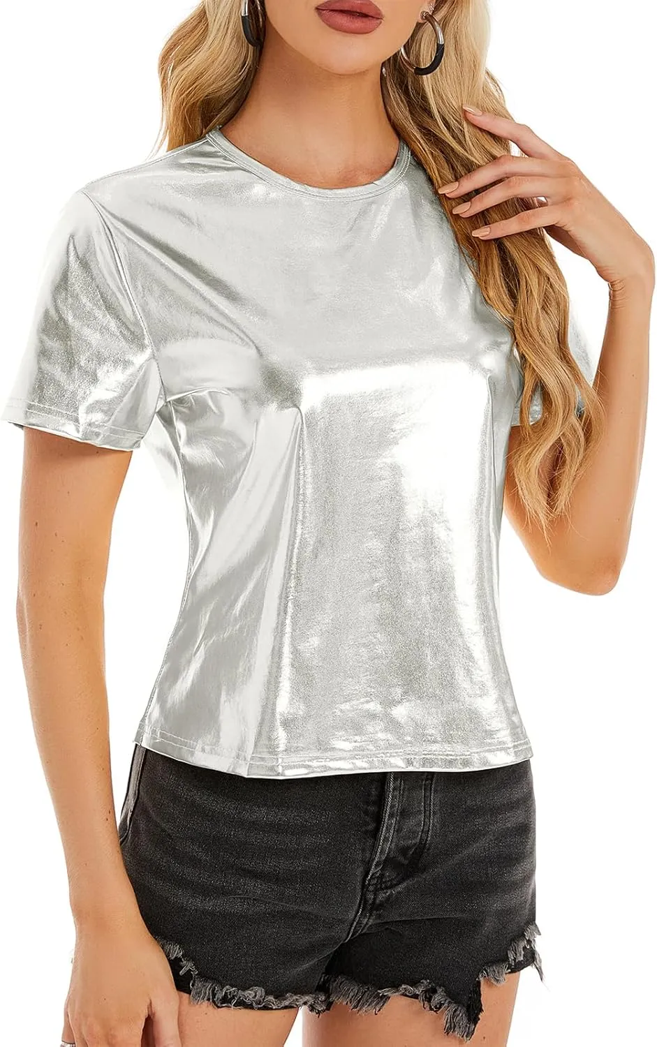 Metallic Disco Shirt Women Short Sleeve Shiny Multicolor Top Music Festival Outfit