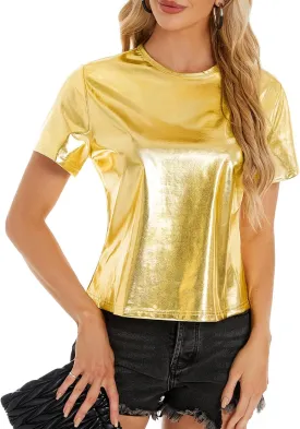 Metallic Disco Shirt Women Short Sleeve Shiny Multicolor Top Music Festival Outfit