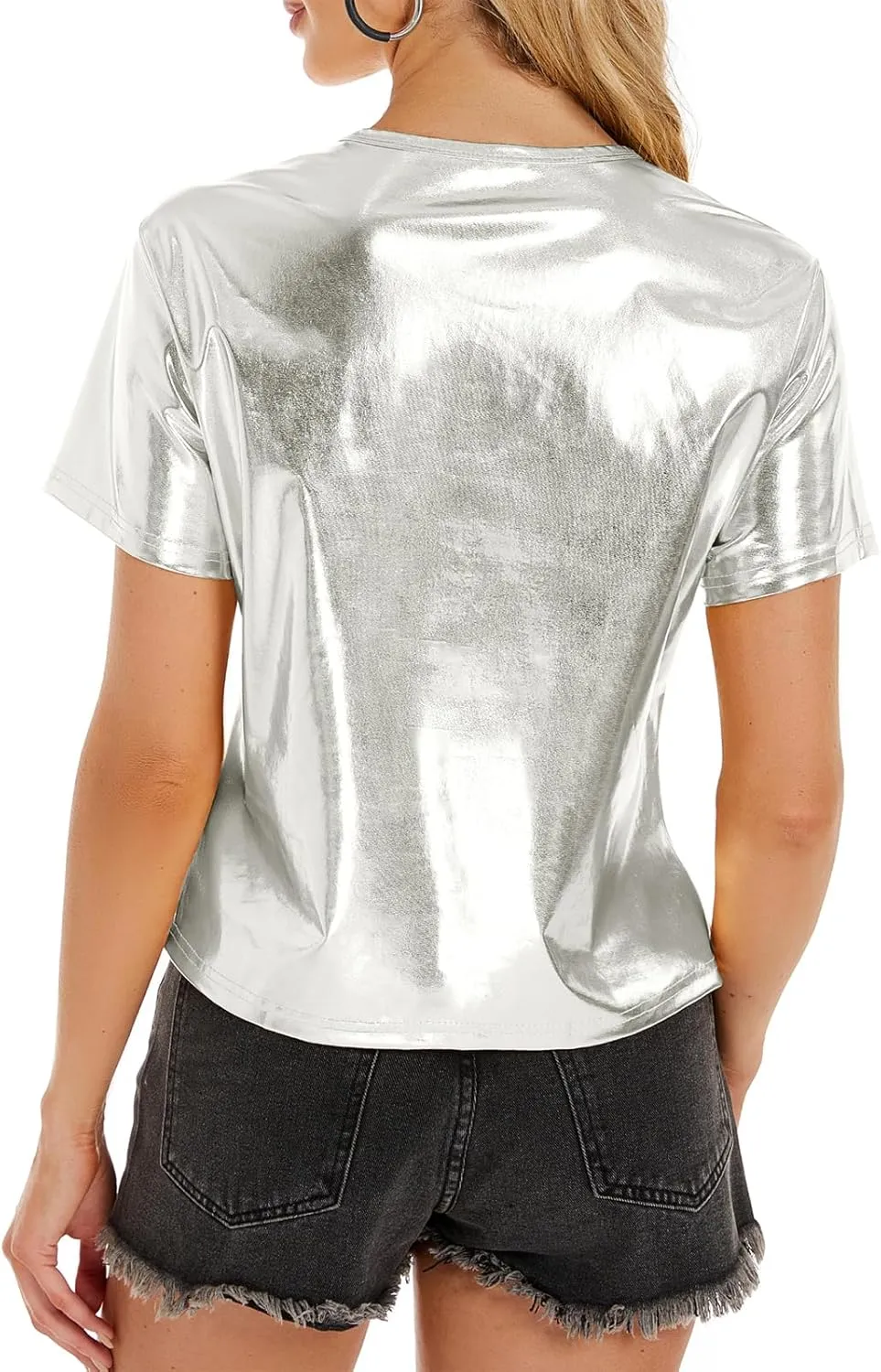 Metallic Disco Shirt Women Short Sleeve Shiny Multicolor Top Music Festival Outfit