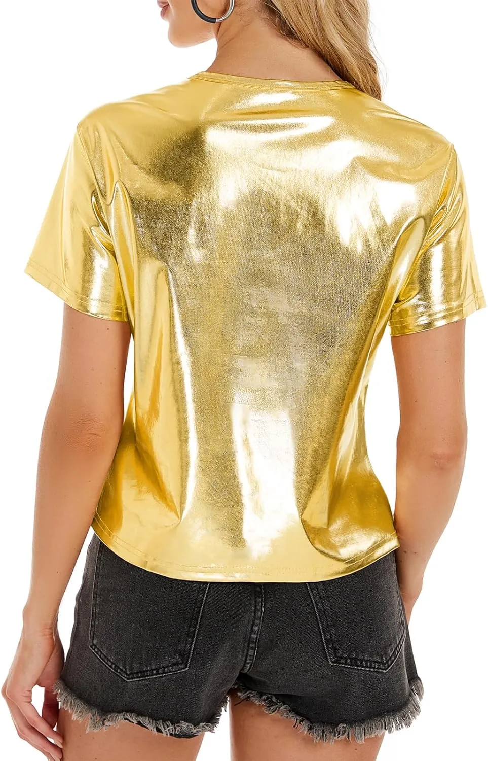 Metallic Disco Shirt Women Short Sleeve Shiny Multicolor Top Music Festival Outfit