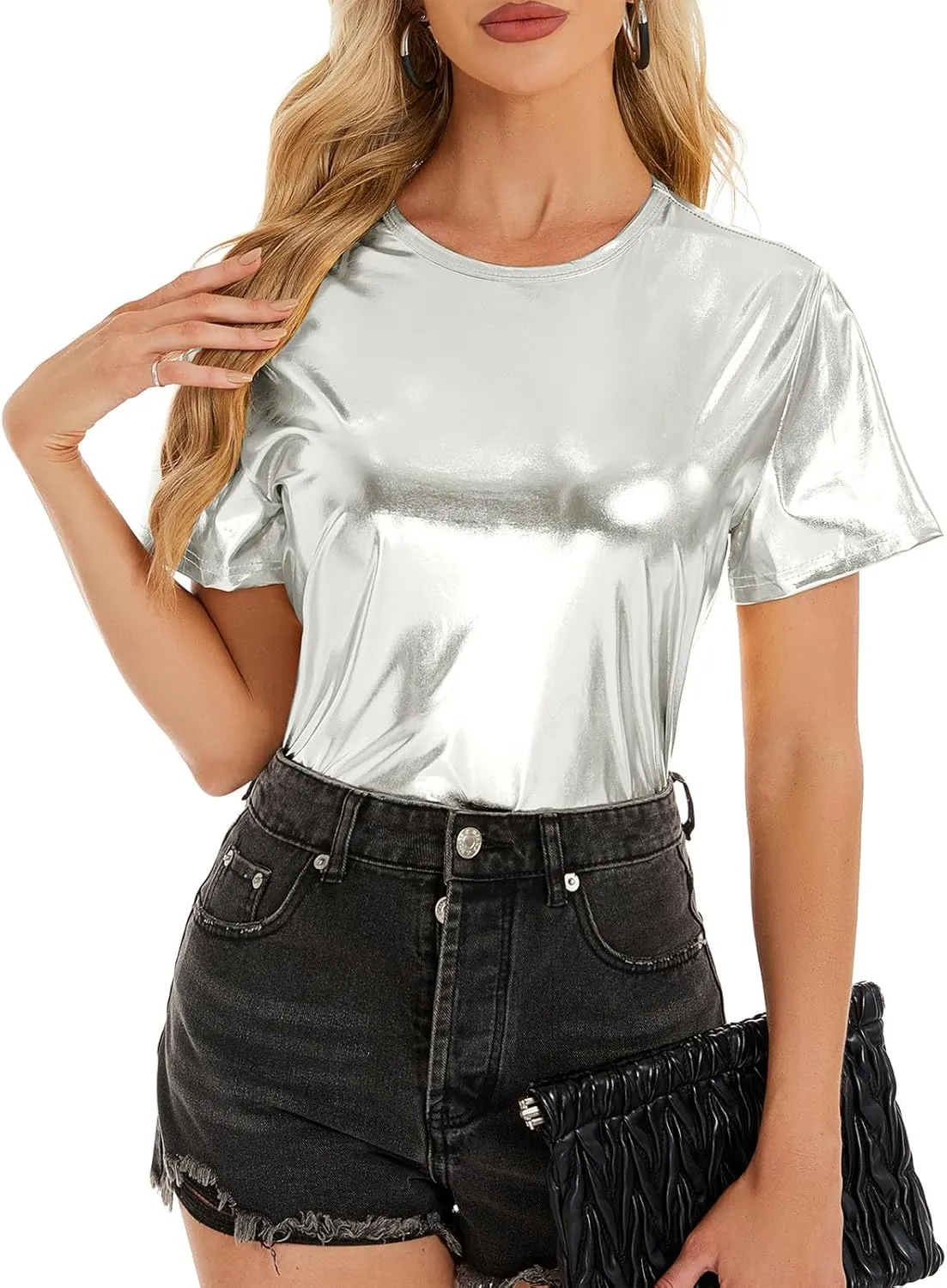 Metallic Disco Shirt Women Short Sleeve Shiny Multicolor Top Music Festival Outfit