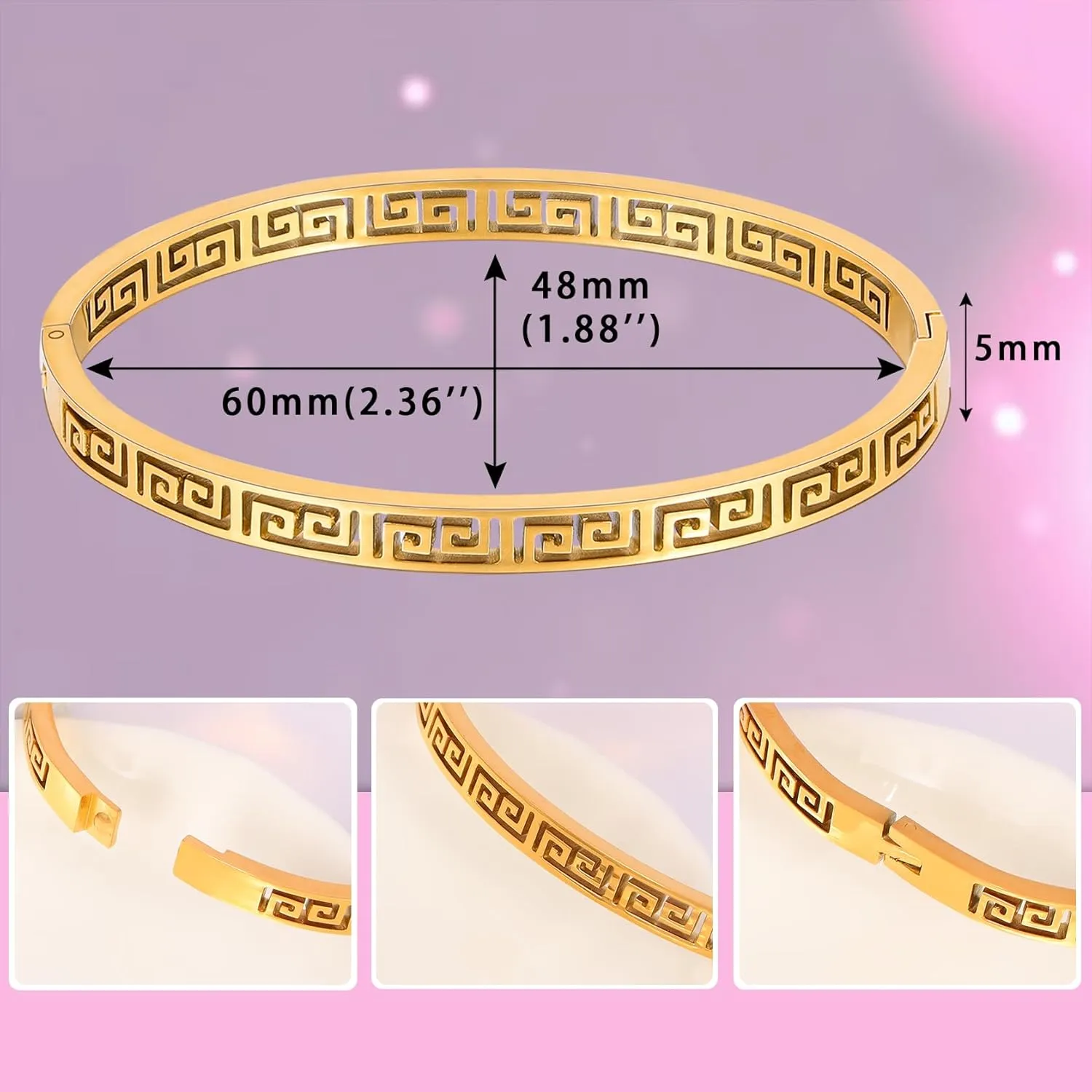 MILAKOO 4/6/8MM Greek Key Meander Bracelet Oval Stainless Steel Bangle Cuff Gifts for Women Men