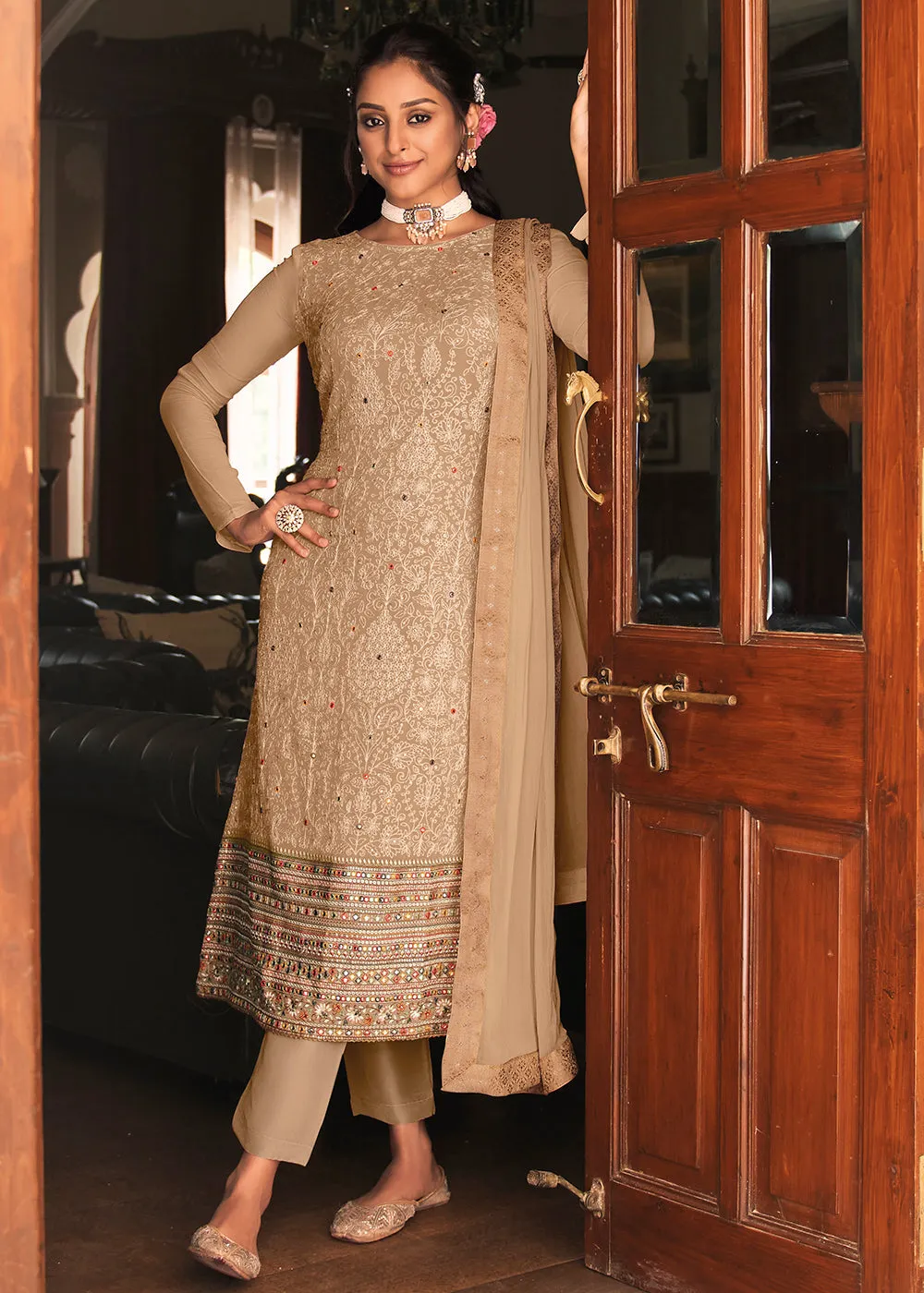 Pakistani Style Chikoo Beige Function Wear Salwar Suit
