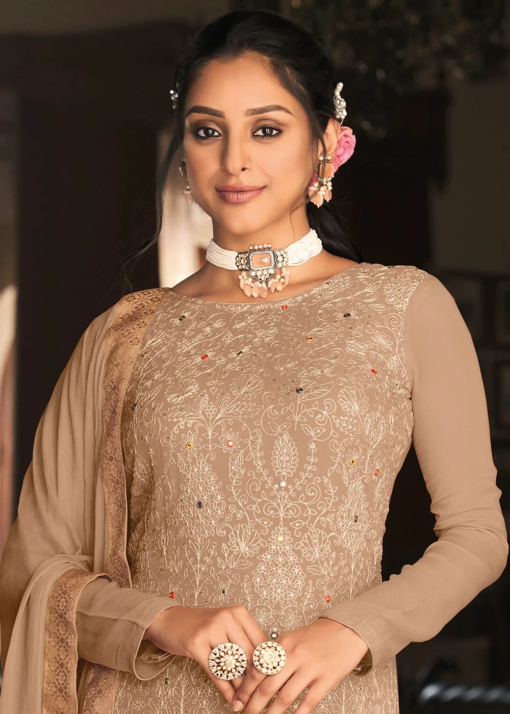 Pakistani Style Chikoo Beige Function Wear Salwar Suit