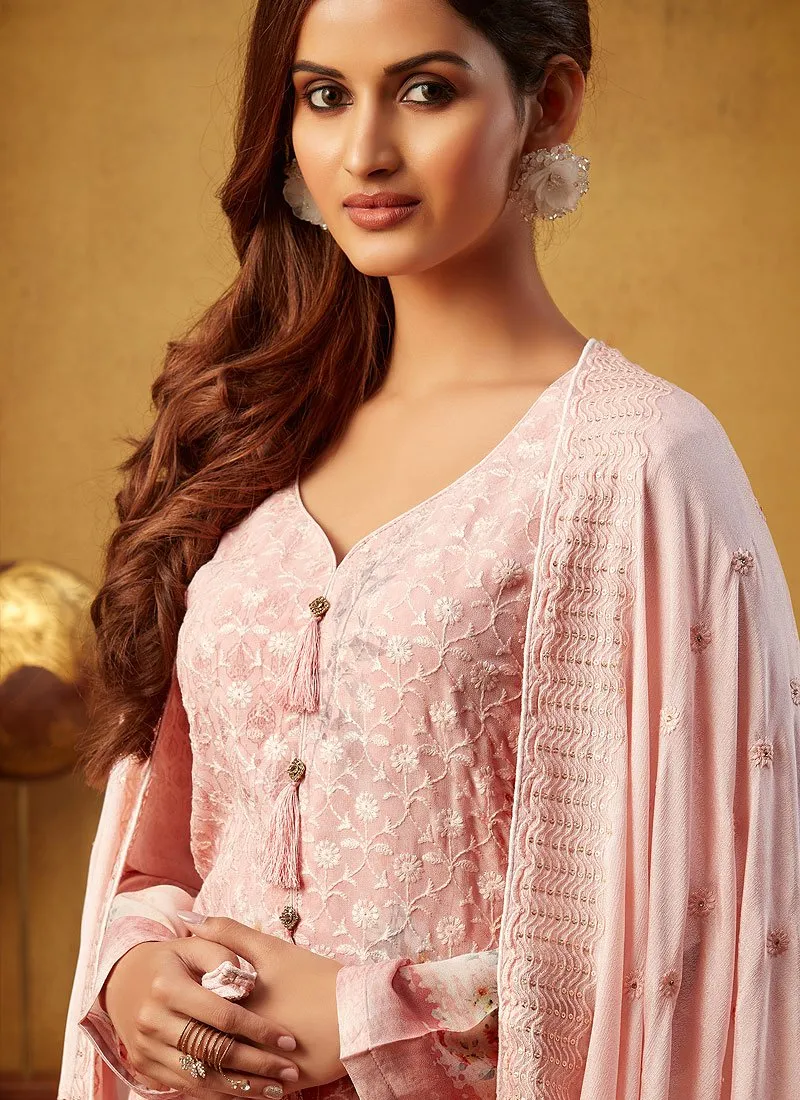 Peach Embroidered Bamber Georgette Palazzo Suit