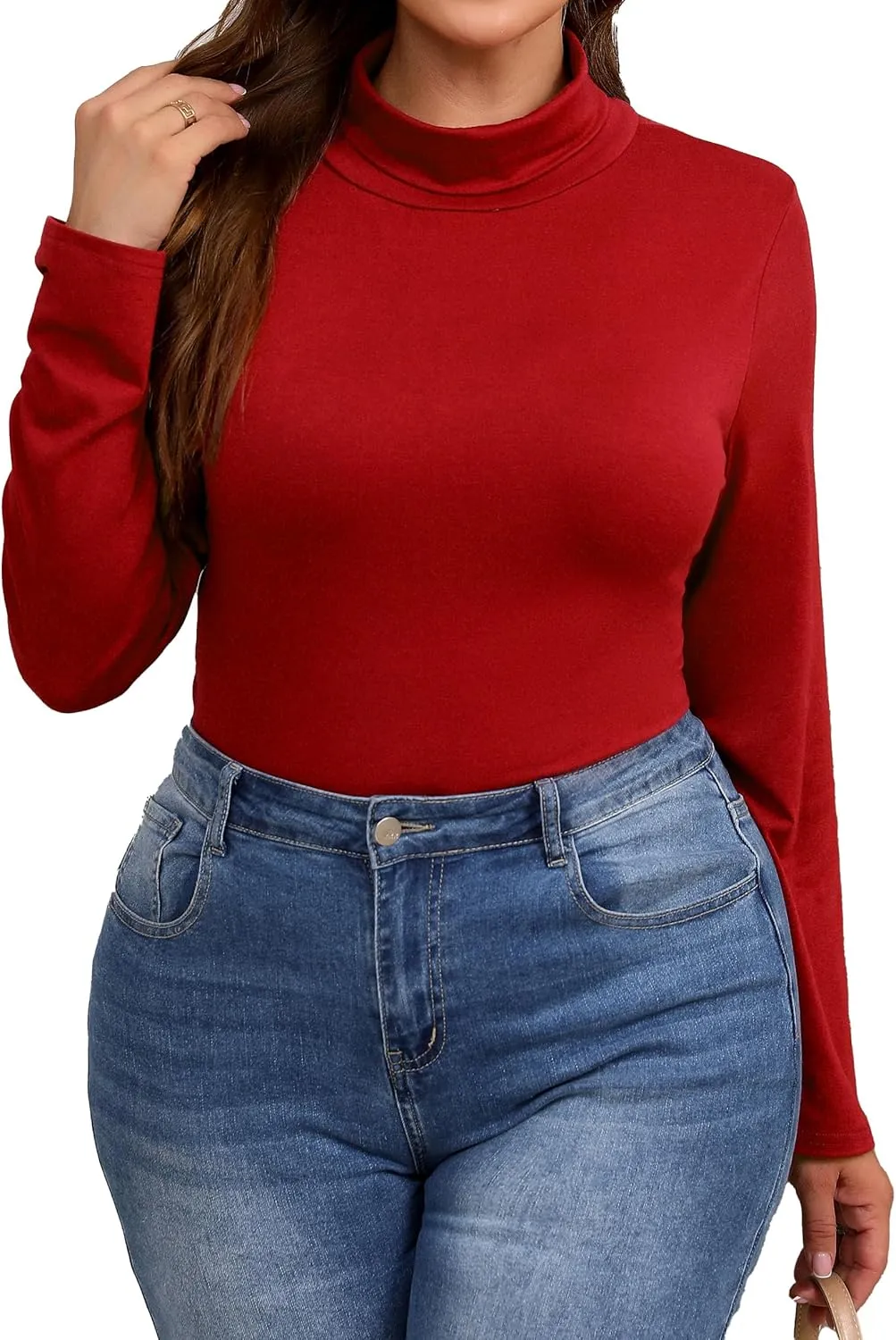 Plus Size Turtleneck Shirt Women Long Sleeve Slim Fit Mock Neck Bodycon Tops