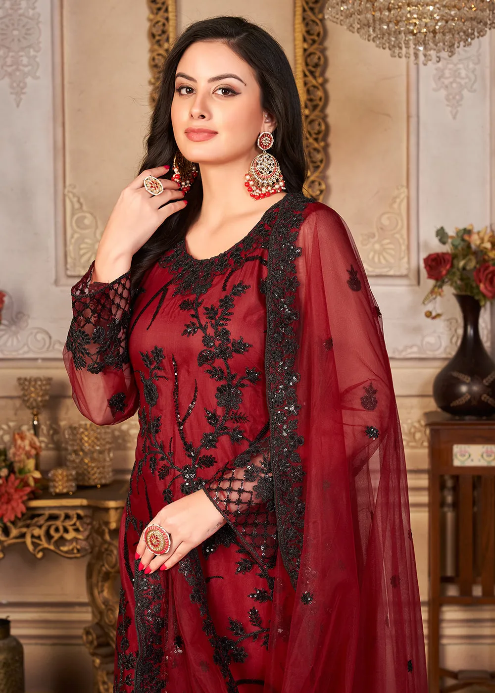 Red & Black Cording & Sequins Embroidered Pant Style Suit