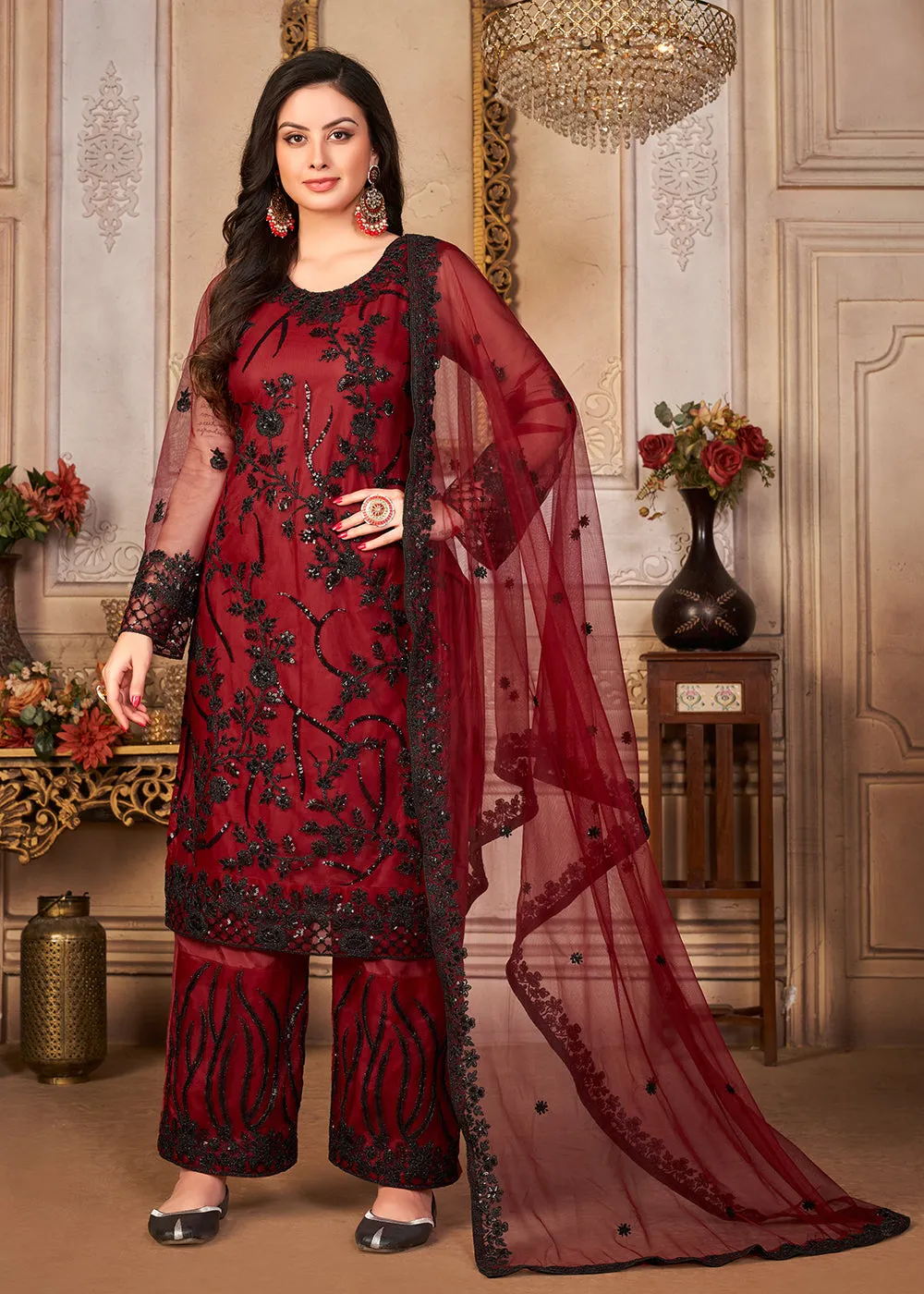 Red & Black Cording & Sequins Embroidered Pant Style Suit