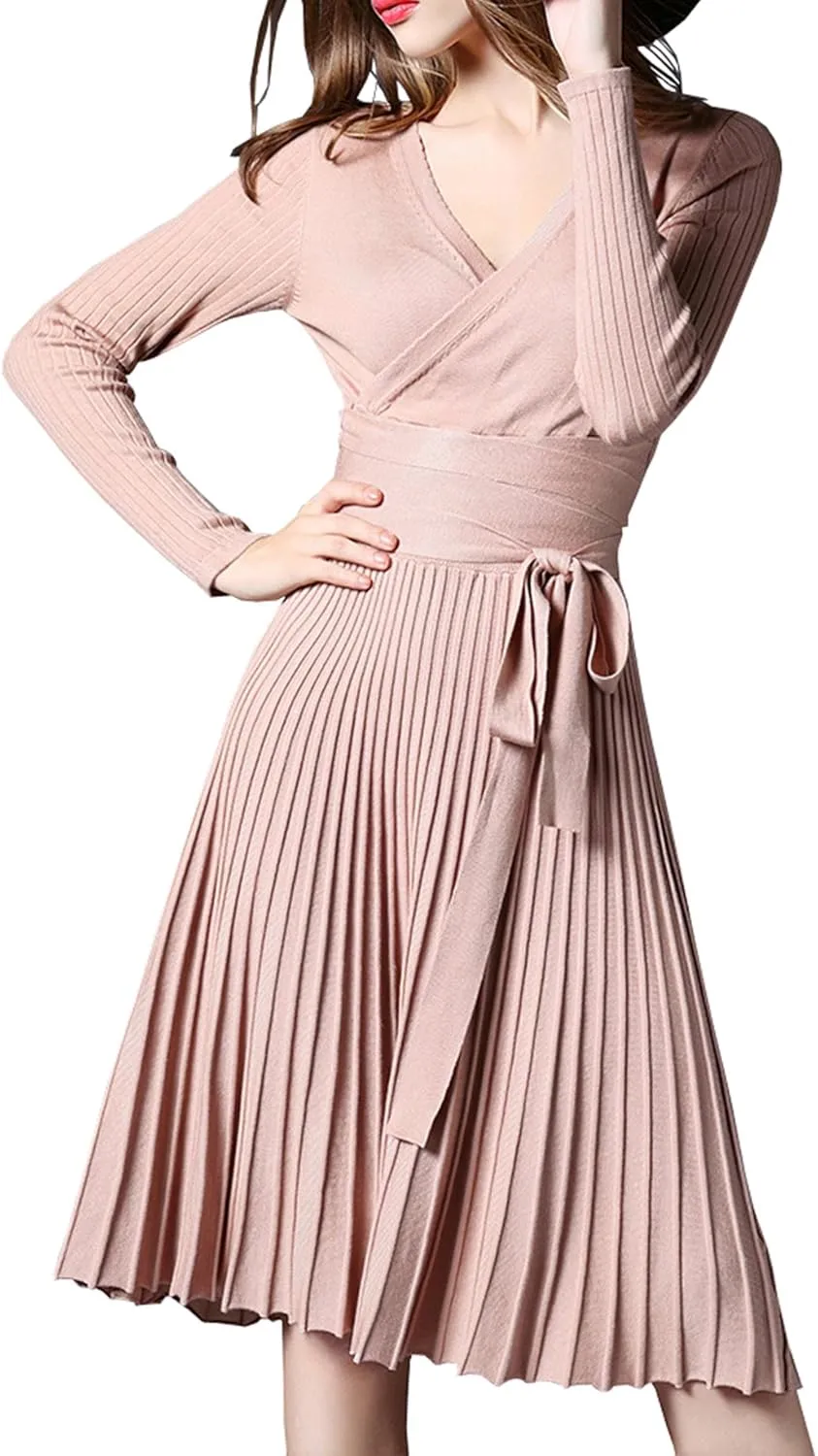 R.Vivimos Women's Autumn Long Sleeve V Neck Elegant Knitted Slim Knee-Length A-Line Sweater Dress