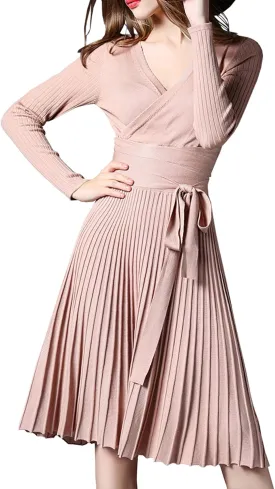 R.Vivimos Women's Autumn Long Sleeve V Neck Elegant Knitted Slim Knee-Length A-Line Sweater Dress
