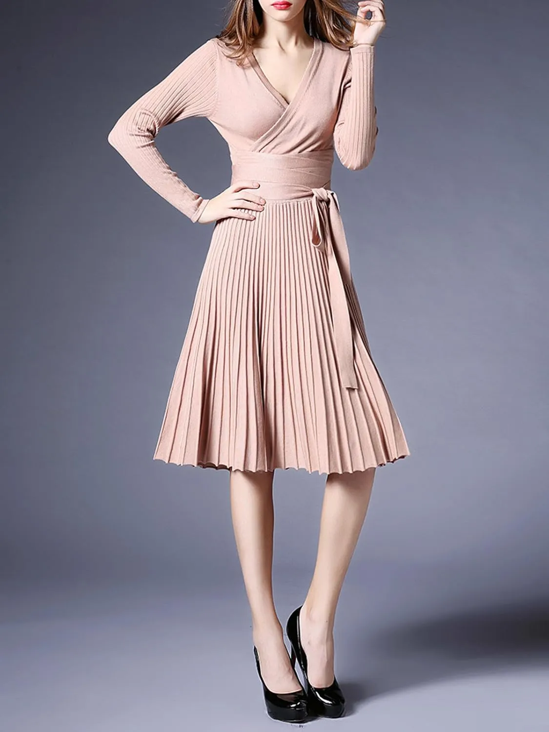 R.Vivimos Women's Autumn Long Sleeve V Neck Elegant Knitted Slim Knee-Length A-Line Sweater Dress